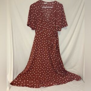 ByTavi Rust Polka Dot Wrap Dress Tie Waist Midi Short Sleeve Size Large